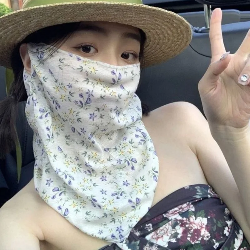 Women's Floral UV Protection Face and Neck Cover with Integrated Sunscreen, Ice Silk Fabric