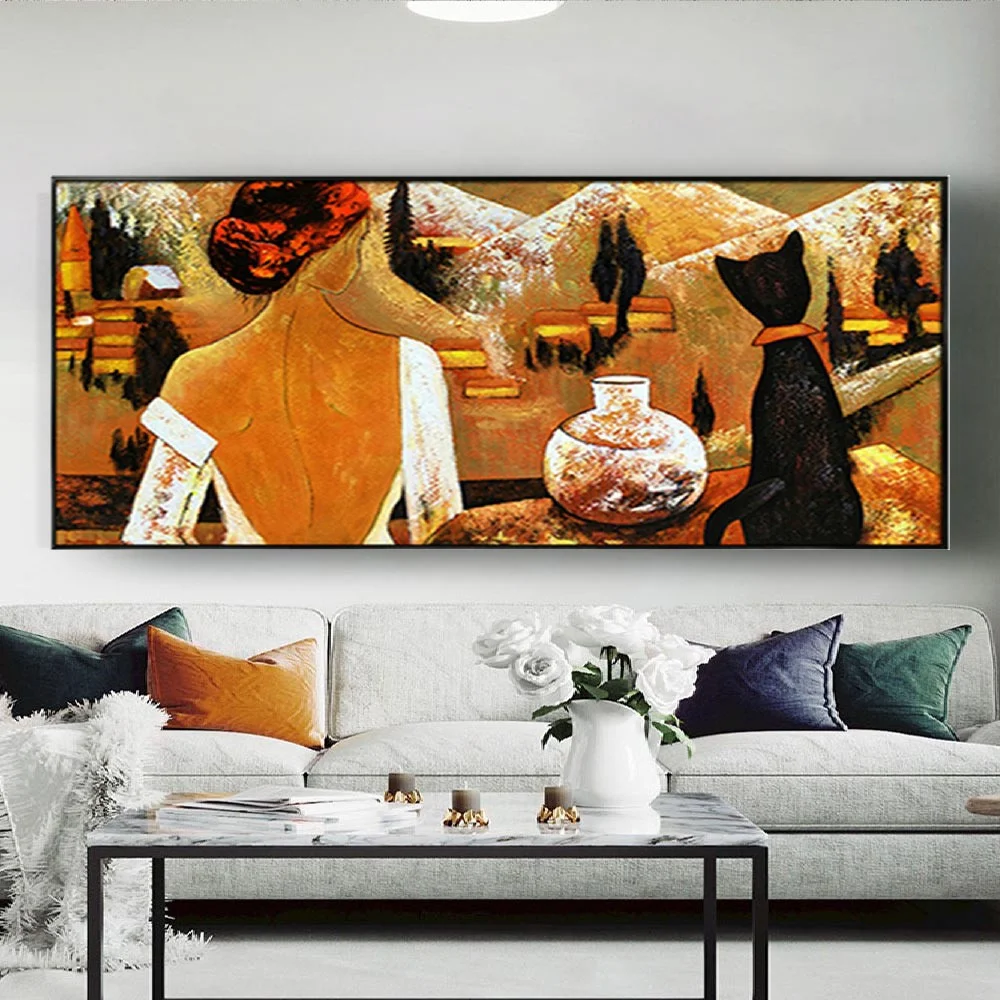 

100% Hand-Painted Woman With Cat Oil Painting Postmodern Style Canvas Wall Art Picture Retro Brown Mural For Home Decor Artwork