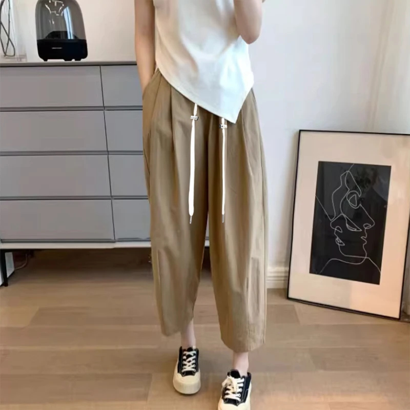M-3XL Maternity Summer Trousers Solid Color Drawstring Waist Ankle-length Pants Loose Casual Pregnant Woman Capris with Pockets 6