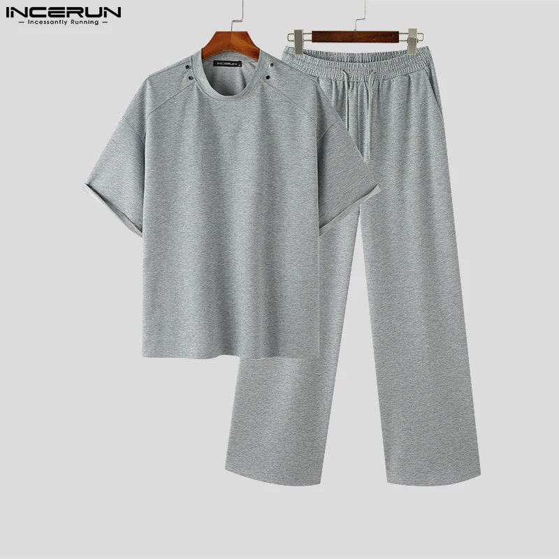 INCERUN 2023 Korean Style New Men's Sets Small Neckline Loose Short Sleeved Tops Straight Pants Casual Solid Suit 2 Pieces S-5XL