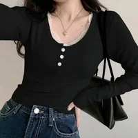 T-shirts à manches longues pour femmes, Slim, boutons en dentelle, Kawaii, Y2k, hauts décontractés, pulls, nouvelle collection printemps 2024 3