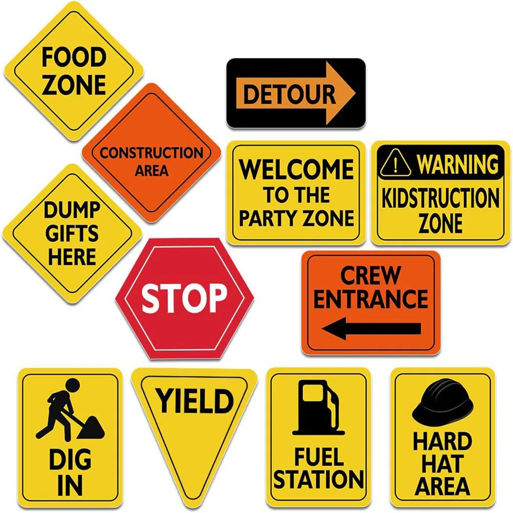 12 Stks/pak Bouw Verkeersbord Uitsparingen Voor Jongens Kinderen Bouw Verjaardagsfeestartikelen Bouwzone Vrachtwagenfeest