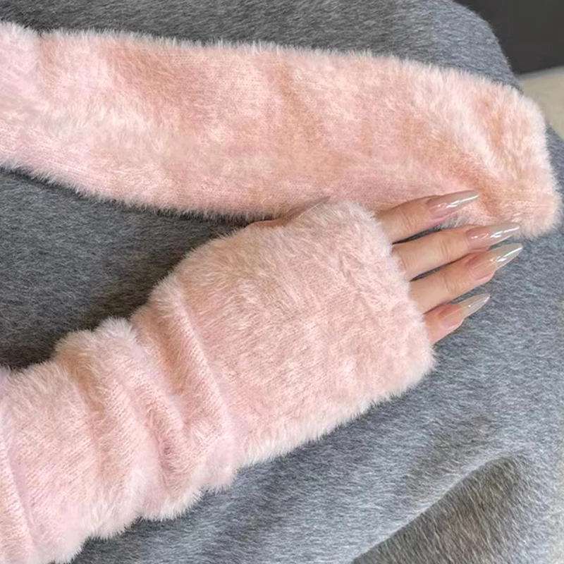 Autumn Winter Soft Mink Long Half Finger Gloves Women Plush Knitted Fingerless Gloves Wrist Mittens Driving Writting