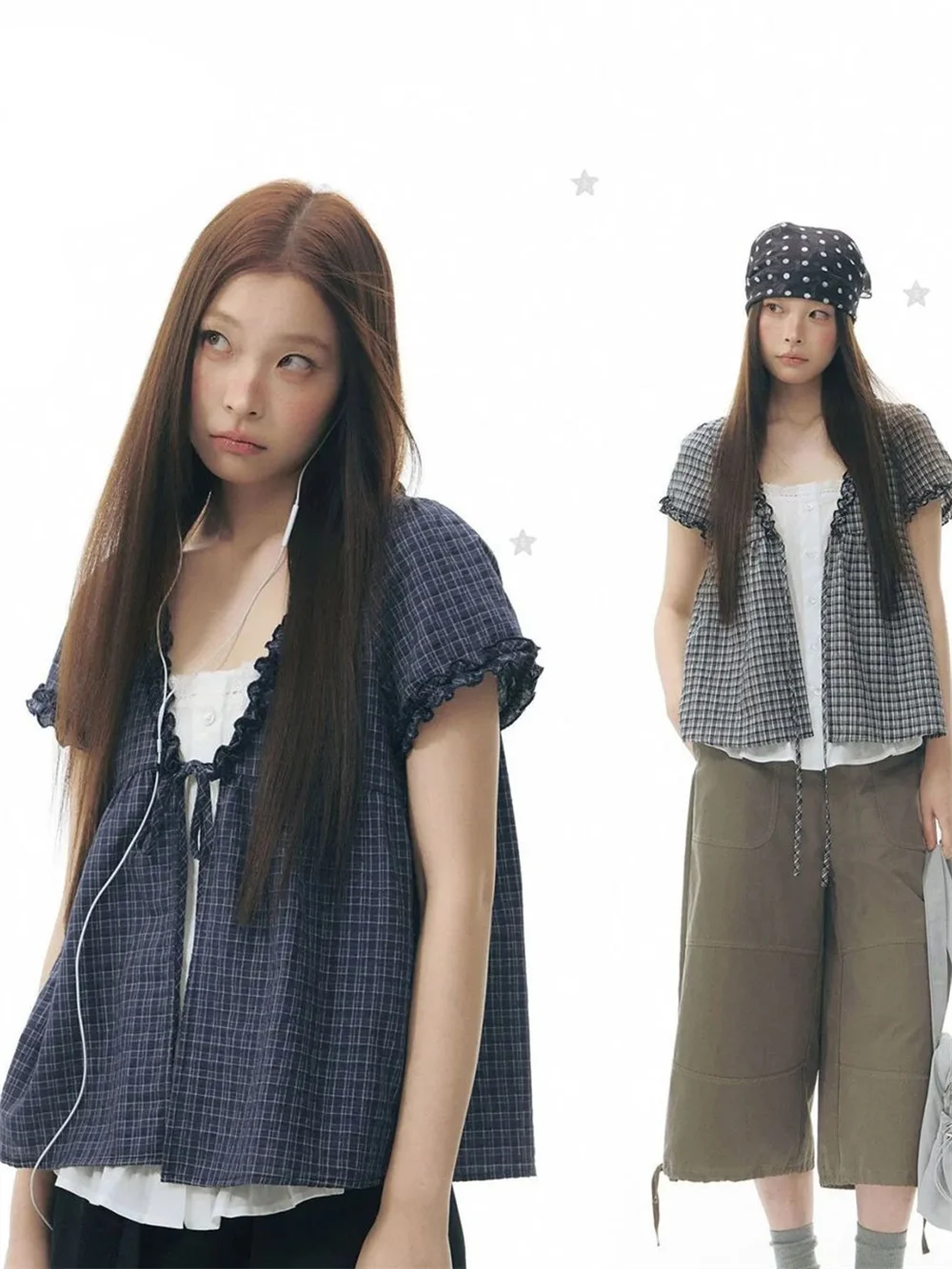 Y2K Karierte Bluse für Damen mit Rüschenbesatz und Spitzenverzierung, Kurzarm, Vordere Bindung, Sommerliche Lässige Süße Kawaii Tops, Modische Ästhetische Bluse
