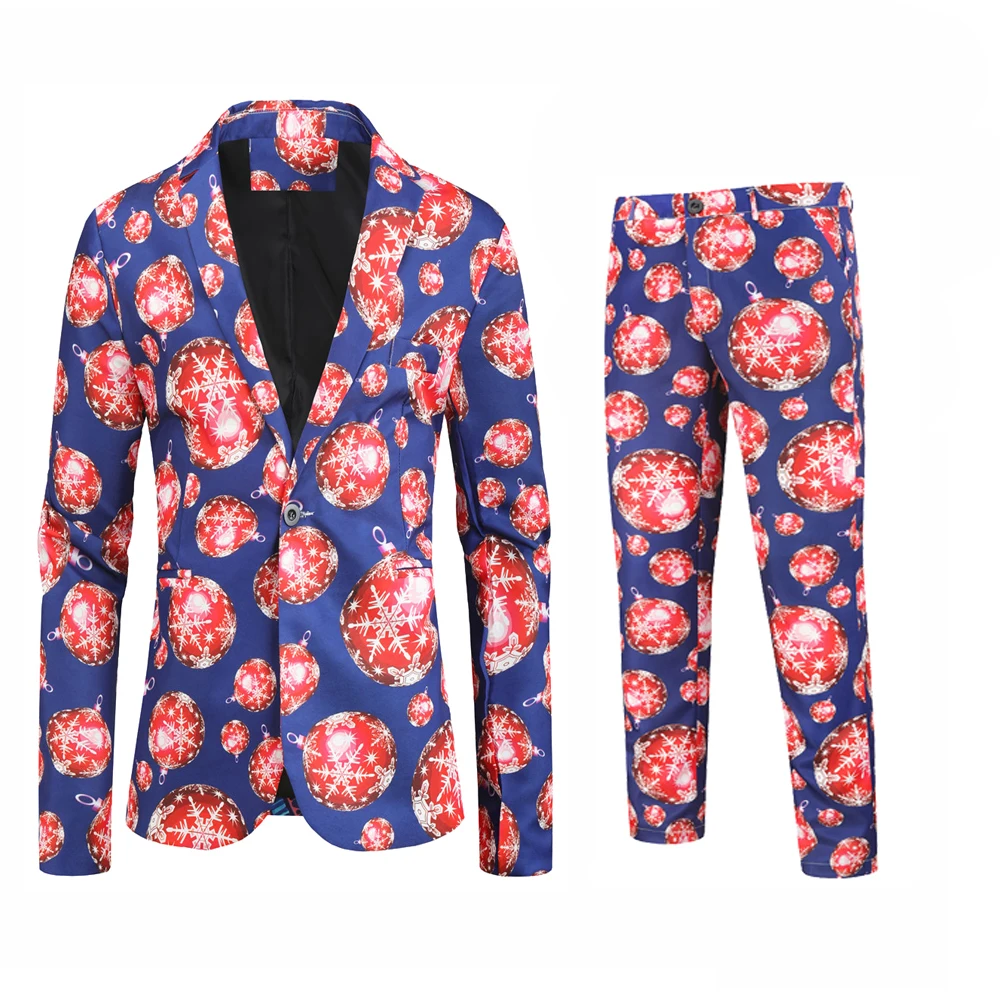 thumbnail image 1 of Traje navideño para hombre de 2 piezas, corte entallado, estampado de muñeco de nieve navideño, para fiesta, disfraz de un solo botón, ropa informal de moda para hombre, 1 of 5