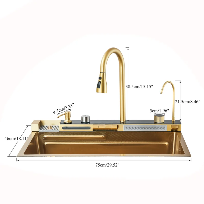 Brushed Gold 304 Stainless Steel Waterfall Style Modern Kitchen Large Single Slot Button Integrated Digital Display Faucet Set 6