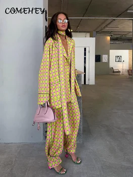 Vacation Geometric Printed Loose Pants Sets Women Lapel Full Sleeve Pocket Shirts Wide Leg Pant Suits 2026 Summer Street Outfit