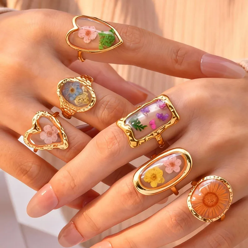 Anelli in Acciaio Inossidabile per Donne, Gioielli con Fiori Secchi in Resina, Anelli Floreali Vintage Geometrici Aperti Regolabili, Impermeabili