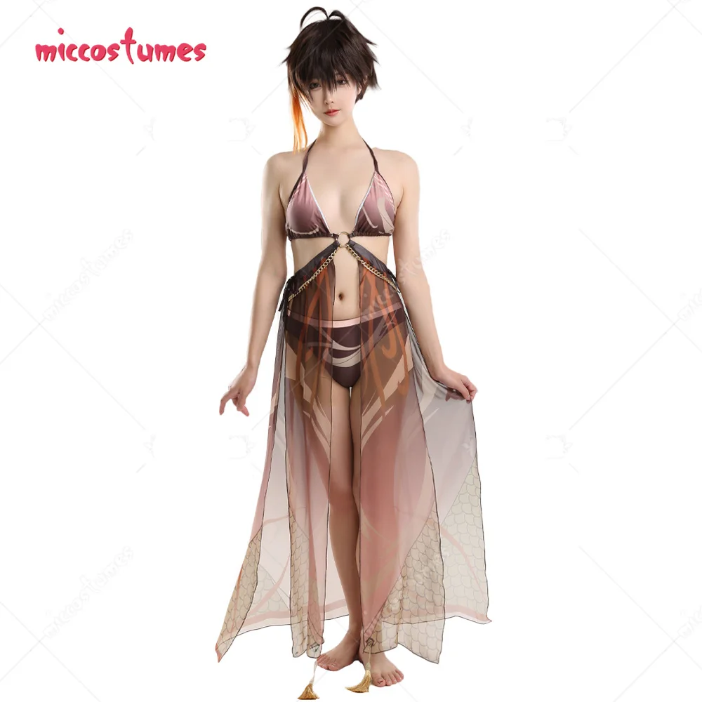

Women Zhongli Derivative Bikini Cosplay Costume Set Halter Top and Bottoms Two-Piece Bathing Suit Swimwear