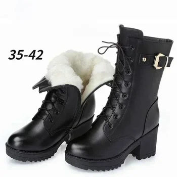 2026 Winter Leather Women Winter Boots Thick Wool Warm Women High-heeled Genuine Boot High-quality Female Snow Boots Women Shoes 1