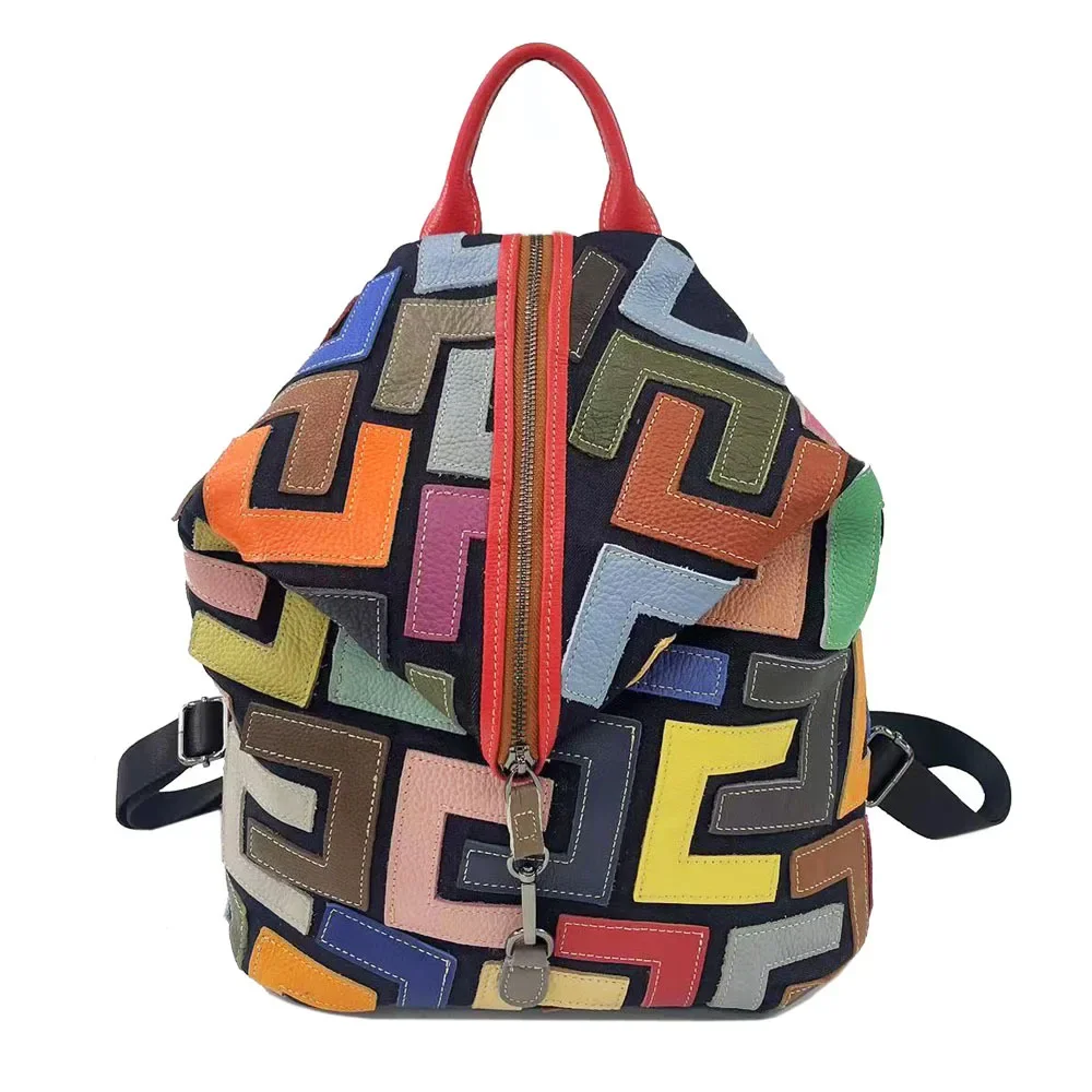 Fashionable Colorful Cow Leather Patchwork Women's Backpack Vintage Casual Style Double Shoulder Bag From China Origin 1