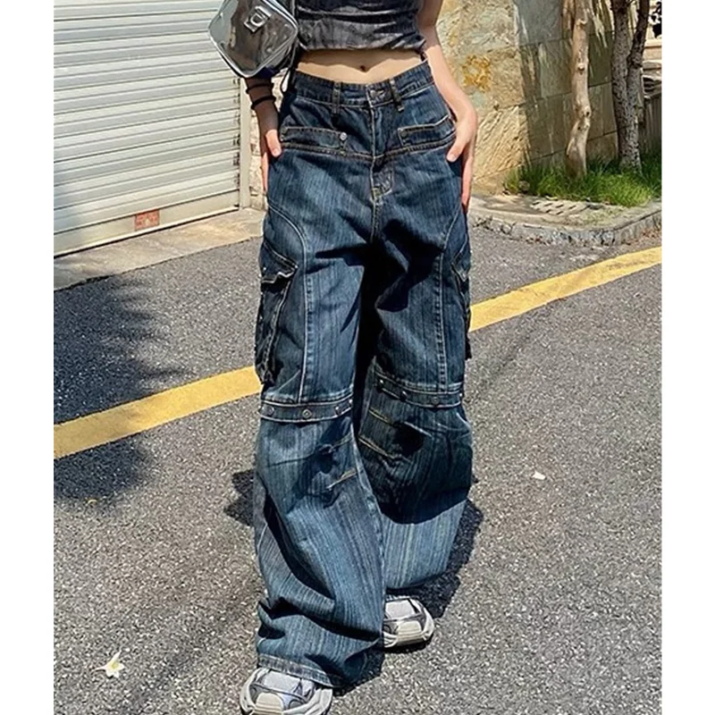 

Summer Womens Jeans High Waist Baggy Casual Vintage Y2K Plus Size Straight Cargo Pants Street American Wide Leg Denim Trouser