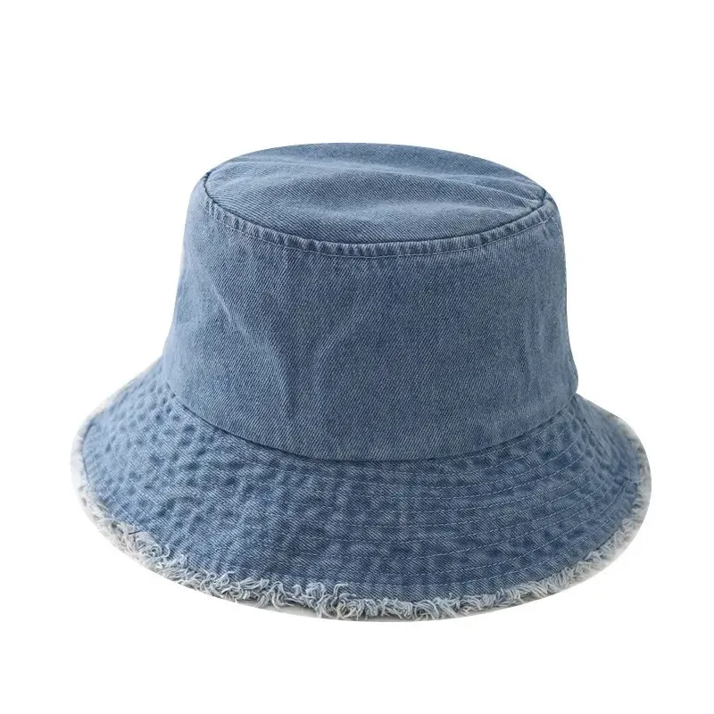 Durable Unisex Denim Bucket Hat Frayed Brim Cotton Basin Foldable Casual Fisherman Cap Style for Women and Men Trendy