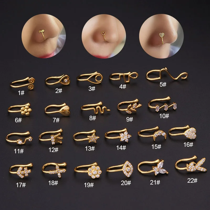 1Piece Fake Piercing Clip Nose Ring Cuff Body Jewelry for Women New Trend Ear Cuffs Heart Cross Flowers Clip Nose Rings