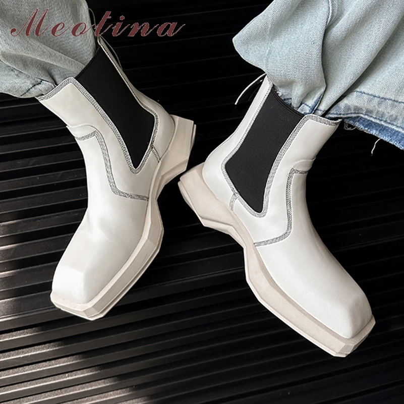 

Meotina Women Genuine Leather Ankle Chelsea Boot Square Toe Flat Platform Mid Heels Platform Short Boot Lady Shoes Autumn Winter