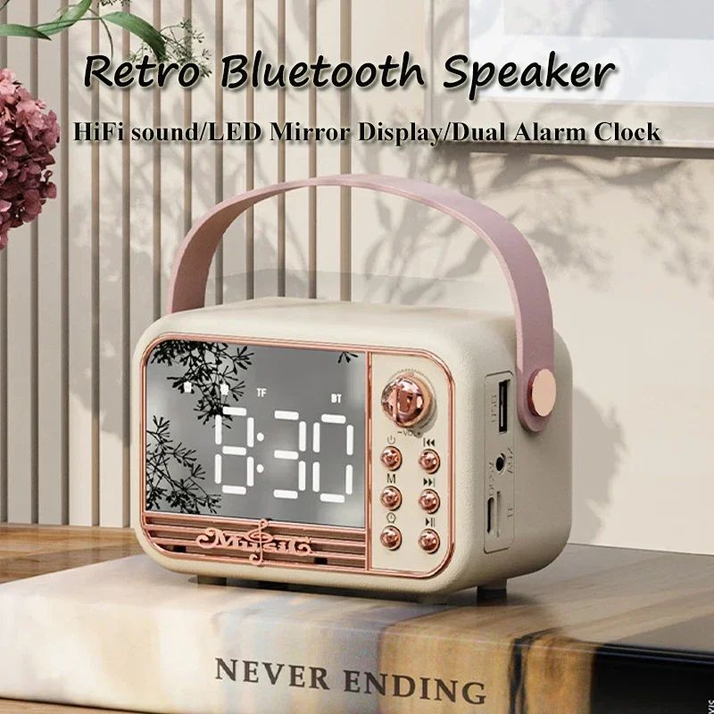

LED Mirror Classical Music Time Display Dual Alarm Player HIFI Stereo Sound with Clock Support TF AUX Retro Bluetooth Speaker