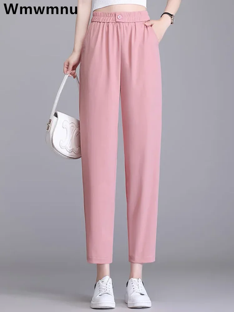 

Ankle-length Pink Big Size 4xl Harem Pants Casual High Waist Ice Silk Pantalones Women Summer Korean Thin Sweatpants Basic Calca