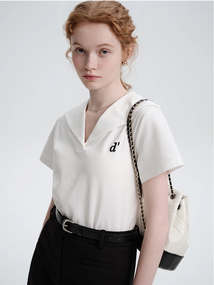 

MOLAN Navy Collar Woman Summer T-Shirt White New Fashion Short Sleeve Lapel Casual Tee Female Elegant Garment Top
