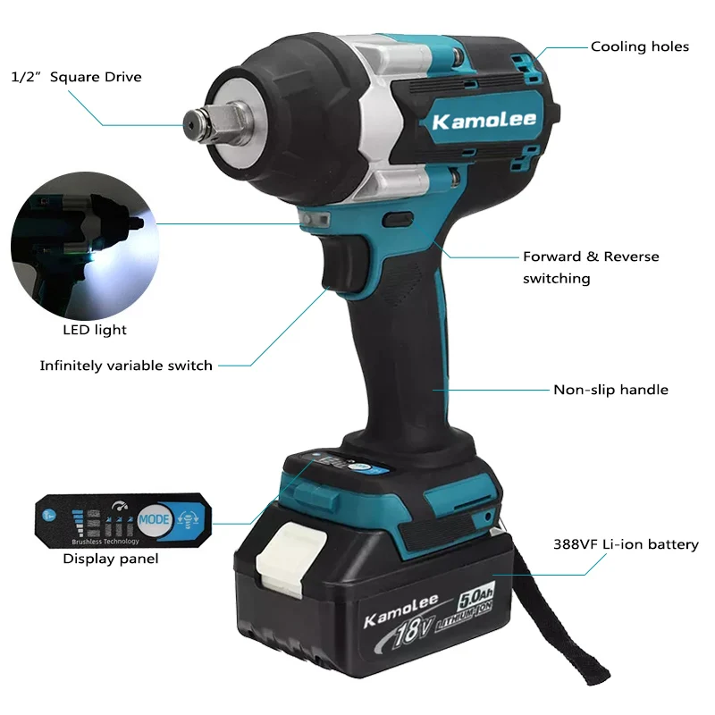 Kamolee-1800 N.M 토크 DTW700 브러시리스 전기 임팩트 렌치, 마끼다 18V 배터리용 1/2 리튬 이온 배터리