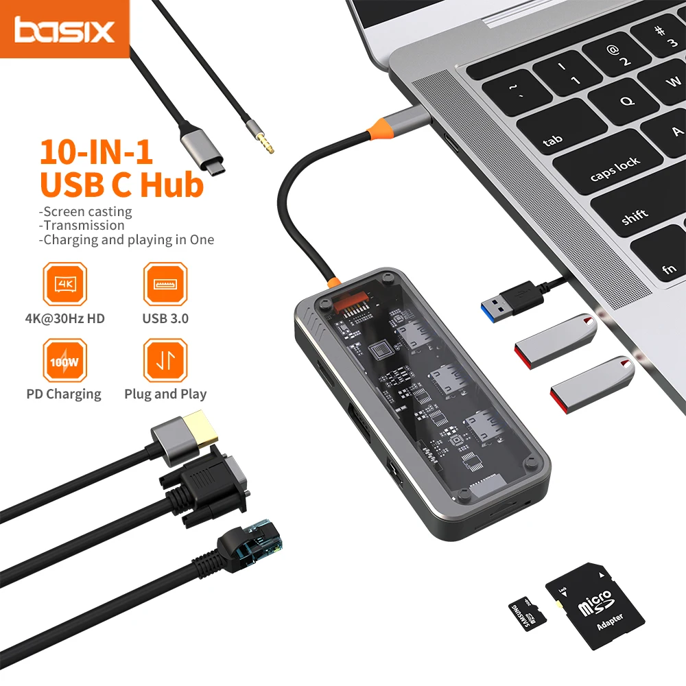 

Basix usb c hub 10 in 1 docking station Type-C to PD HD-MI USB3.0*3 SD TF ethernet RJ45 1000M VGA AUDIO3.5mm For MacBook M1 M2