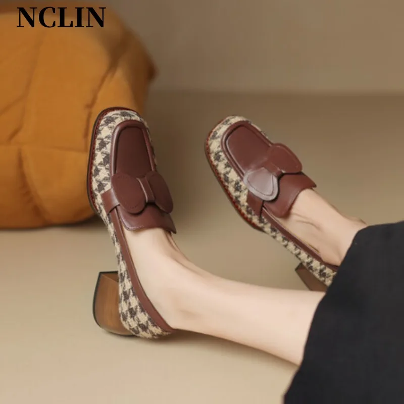 

New Split Leather Women single Shoes Fashion Square Toe Pumps Low Heel Spring Shoes Women Zapatos De Mujer Loafers Shoes