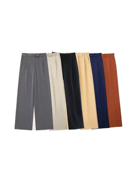 Women Fashion With Darts Front Pockets Wide Leg Pants Vintage High Waist Zipper Fly Female Trousers Mujer