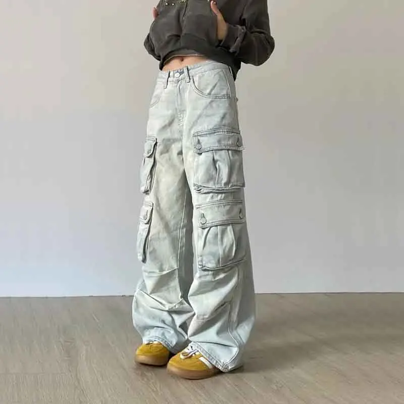 

Y2K Blue Cargo Jeans Women Vintage Streetwear Oversize Pockets Wide Leg Denim Pants Bf Loose Hip Hop Casual Straight Trousers