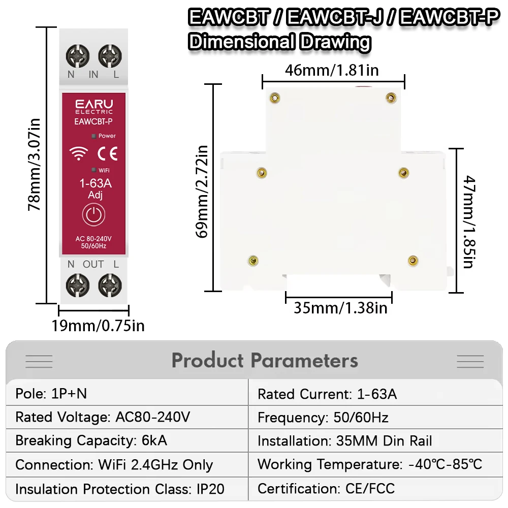 Tuya eWeLink WiFi 스마트 회로 차단기 MCB 1P + N 63A 타이머 릴레이 kWh 전압 전류 측정기 보호기 음성 원격 제어 스위치