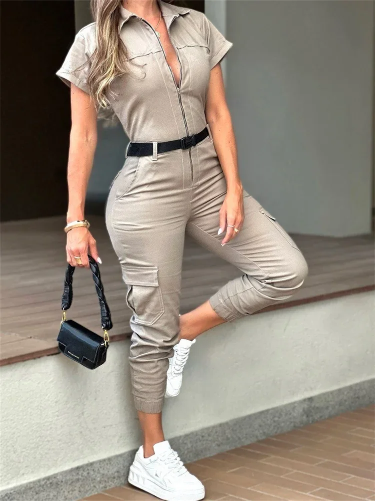 Wmstar Women Jumpsuit New Zipper Workwear Jumpsuit with Short Sleeved Collar Multiple Pockets Waist Belt Wholesale Dropshipping
