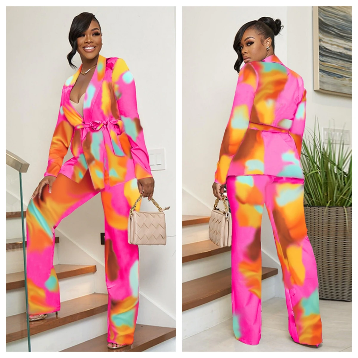 Tie Dye Print Blazer Pants 2 Piece Sets Women Elegant Lapel Long Sleeve Open Stitch Jackets with Belt Straight Trousers Suits thuderproof anti static straight golf umbrellas 14mm fiberglass shaft and 5 0mm fiberglass ribs auto open double layers