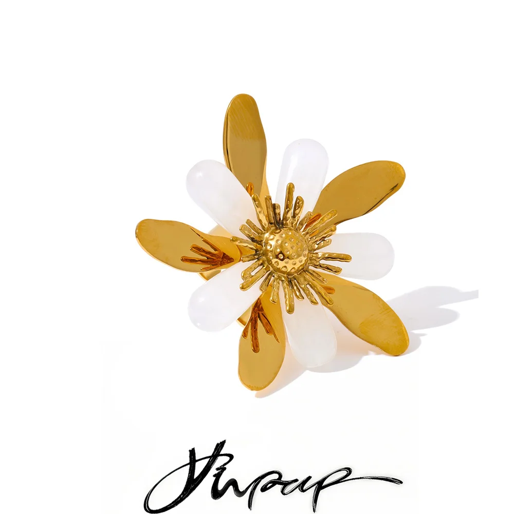 Yhpup Stainless Steel Resin Flower Ring