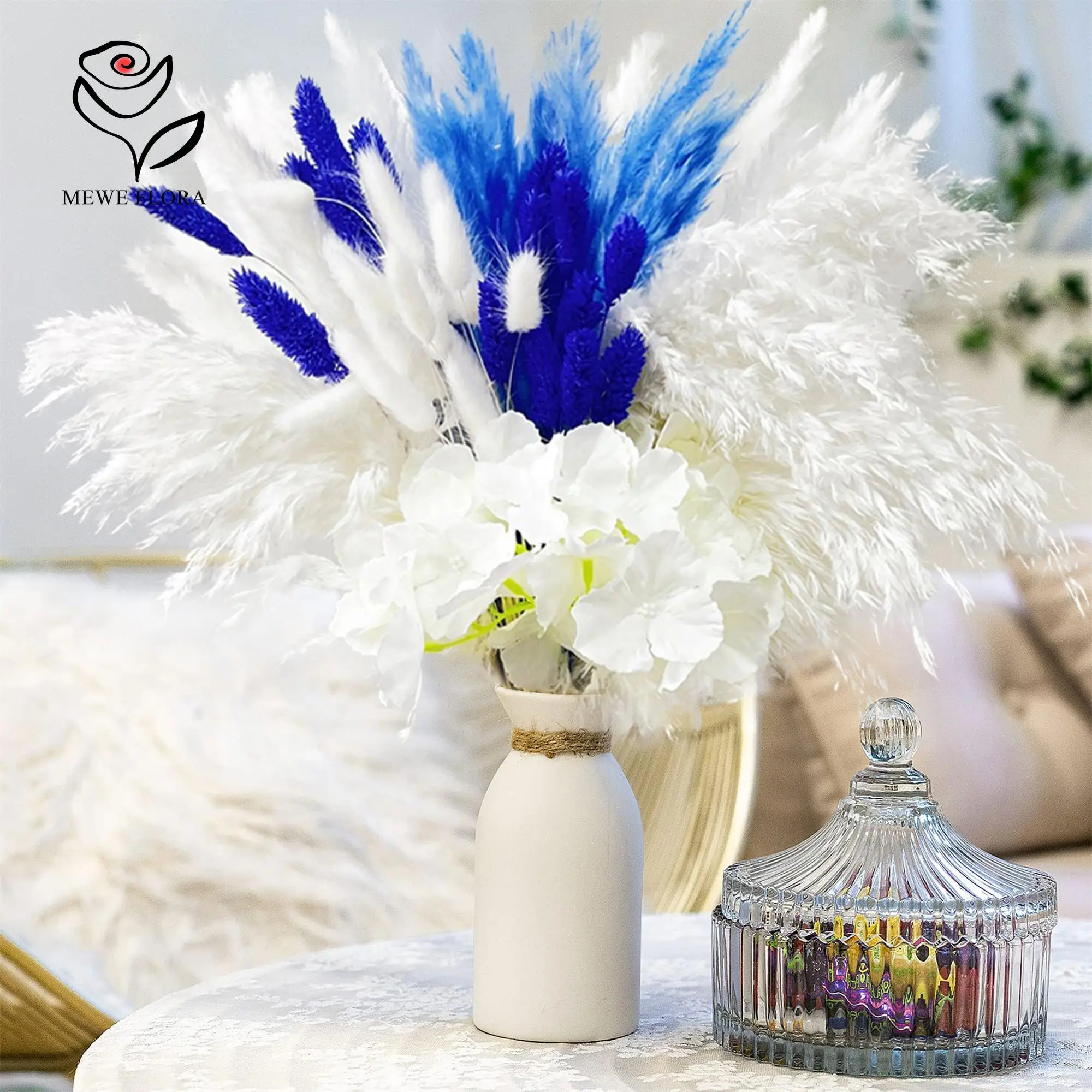 

Artifical Flower Hydrangea Mix Natural Pampas Dried Flowers Bouquet Wedding Decor Bunny Tail Gem Grass Boho Home Vase Decoration