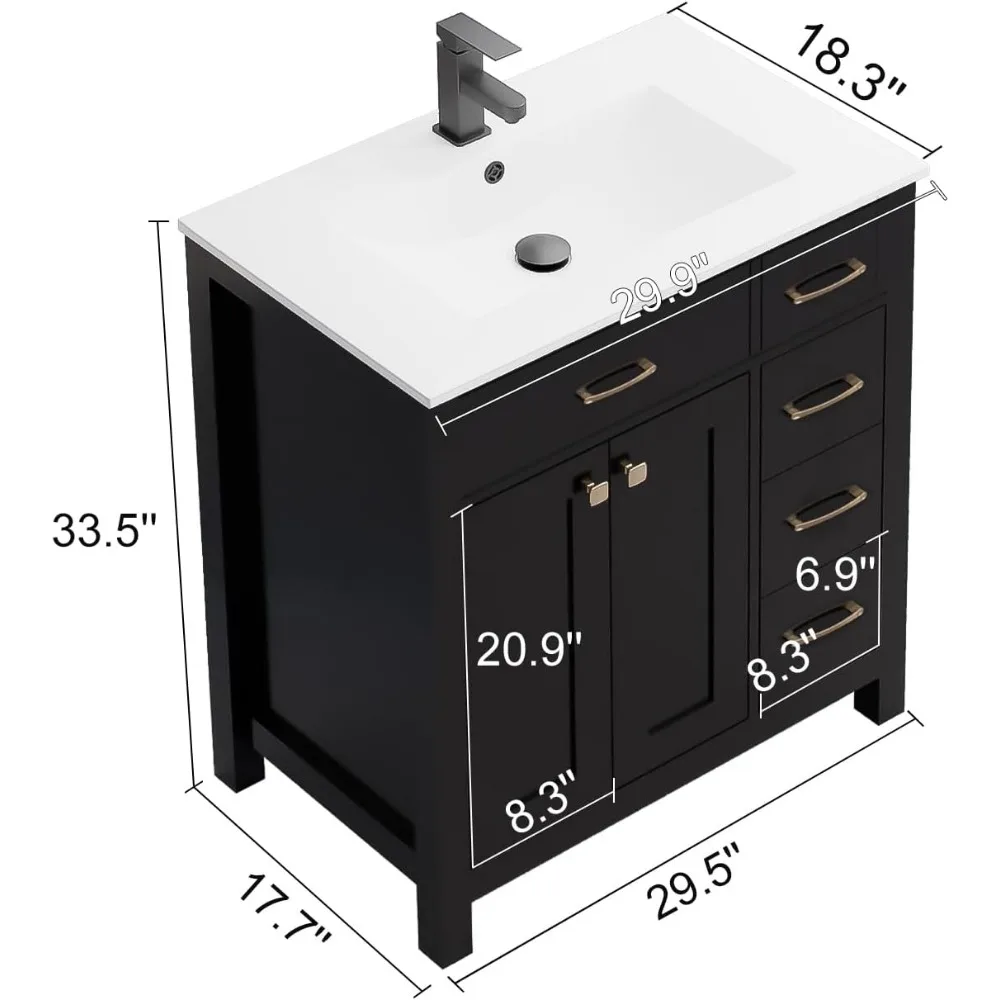 30" Bathroom Vanity with Sink Combo, Painted Modern Bathroom Storage Cabinet with Ceramic Sink, Two Doors and Three Drawers 3