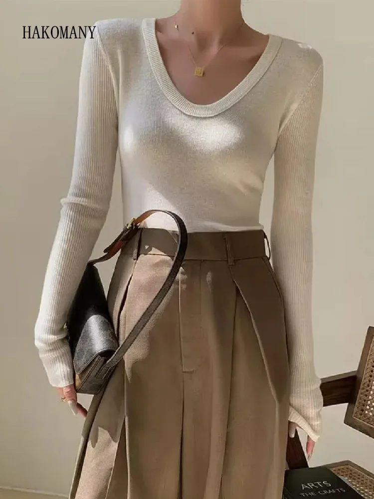 

Осень 2023, однотонные трикотажные пуловеры в рубчик, свитер с V-образным вырезом и длинным рукавом, блестящий джемпер белого и черного цветов