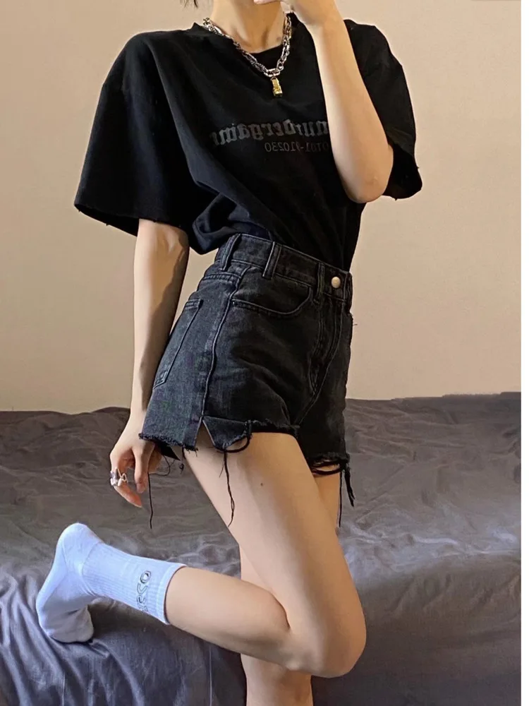 high waist ripped denim short for women sexy lady irregular hole worn cowboy short summer fashion tassel light blue super shorts New Fashion Women Summer Trendy Make Old High Waist Ripped Short Jeans Women Ins Sexy A Word Raw Edge Denim Shorts