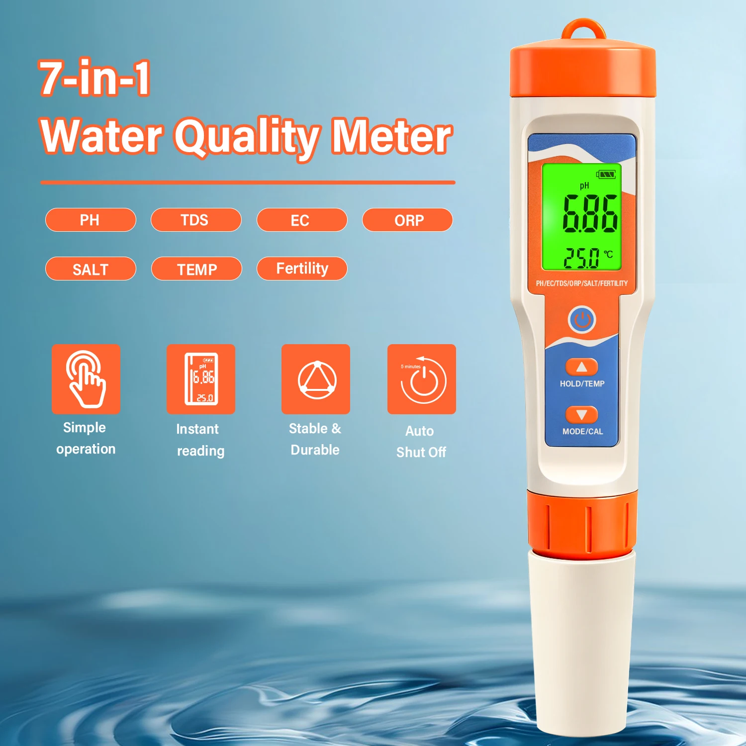 7-in-1 Pool Water Tester Digital Water Quality Meter for Swimming Pool SPA pH/OR