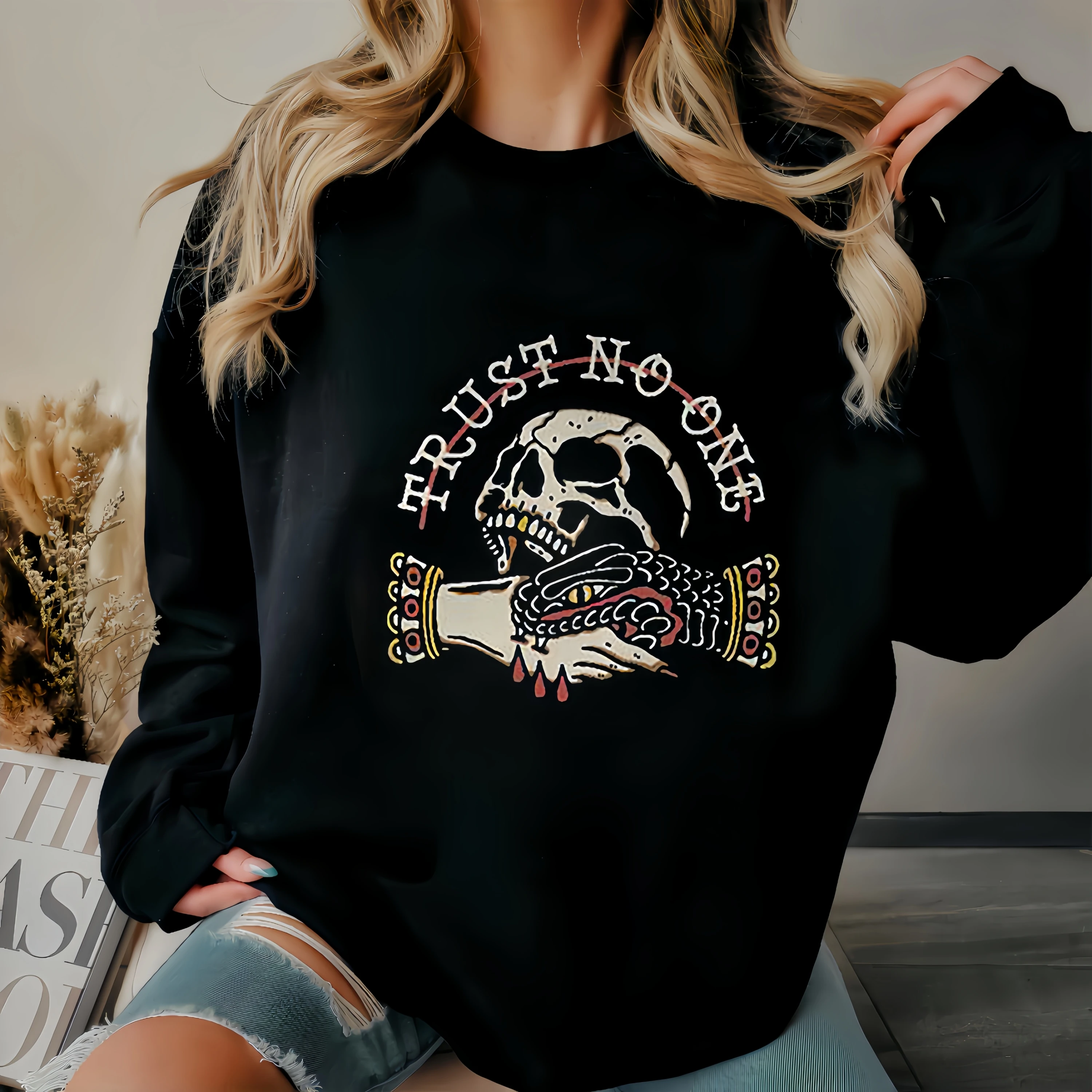 Harajuku Y2k women Sweatshirt Vintage Skull Print Pullover Long Sleeve Thin woman Tops Spring  Summer
