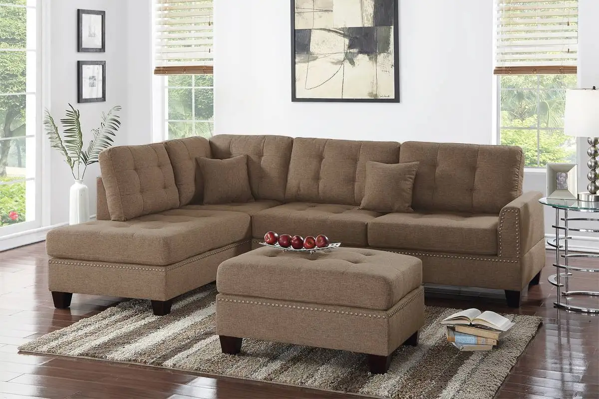 

Modern Coffee Color 3pcs Sectional Living Room Furniture Reversible Chaise Sofa And Ottoman Tufted Polyfiber Linen Like Fabric C