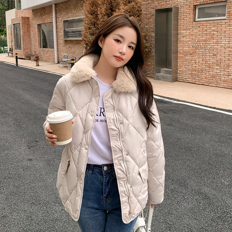Winter Korean Thick Add Cotton Coat Women Casual Zipper Up Short Furry Collar Jacket Warm Down Cotton Parkas Woman