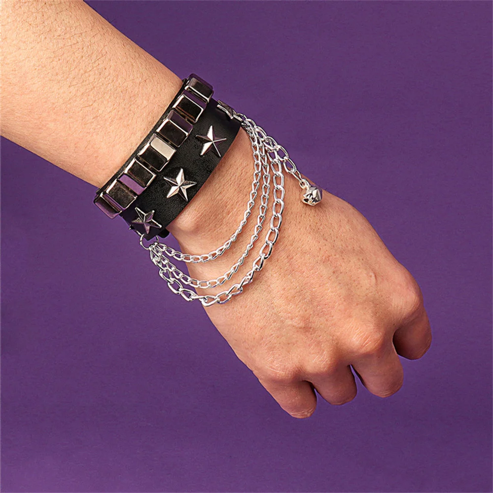 80s Leather Bracelet Men Wristband Women Punk Rock Bangle Goth Jewelry Cosplay Emo Gothic