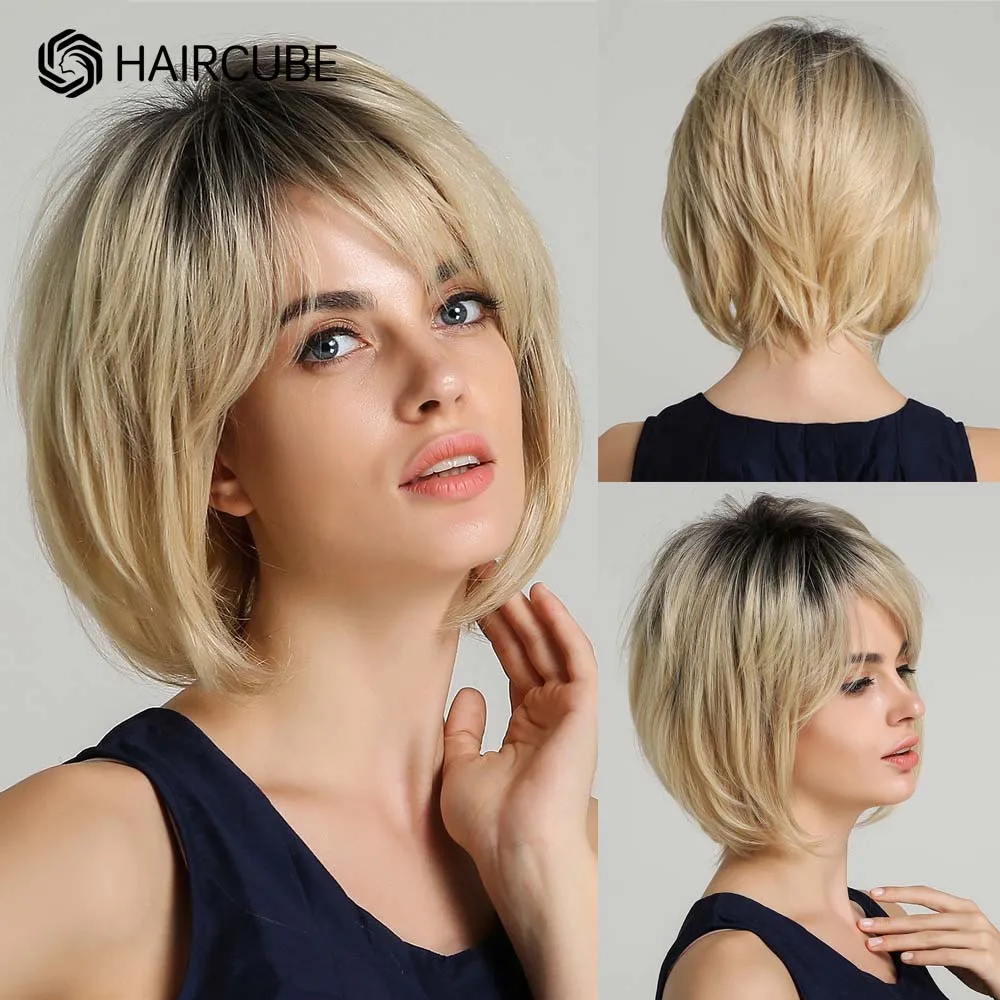 HAIRCUBE Short Bob Blend Human Hair Wigs Brown Ombre Blonde Golde Layered Straight Blend Human Hair Wig with Bang Heat Resistant