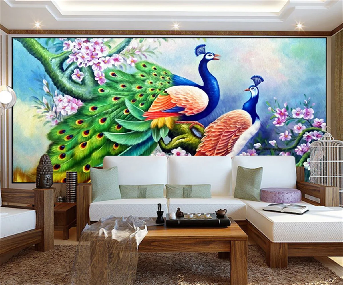 Customize any size 3D wallpaper stickers new Chinese oil painting HD magnolia flower peacock wall decoration painting parede