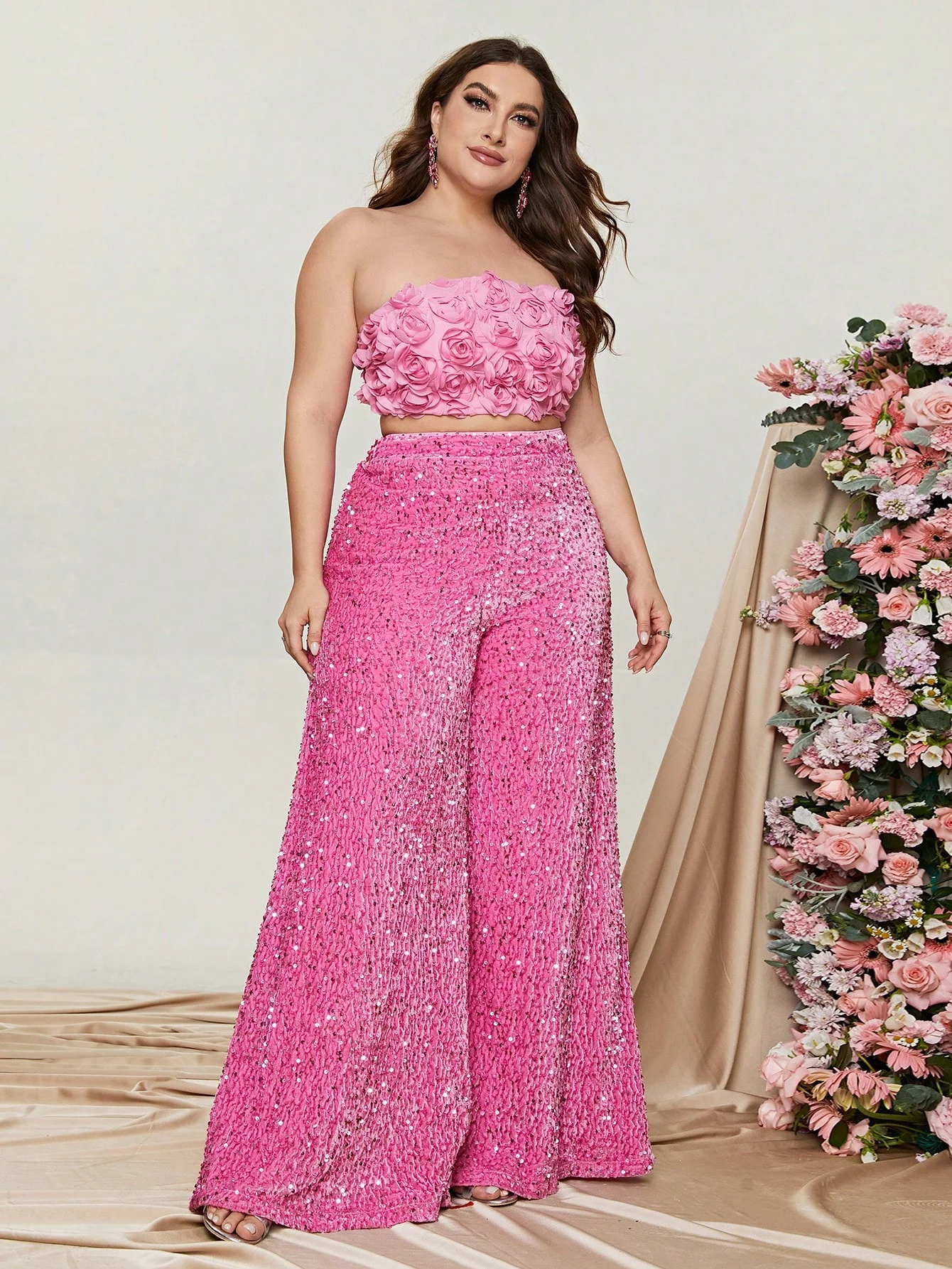 Plus Size Tube Top 3D Flower and Sequin Suit picture