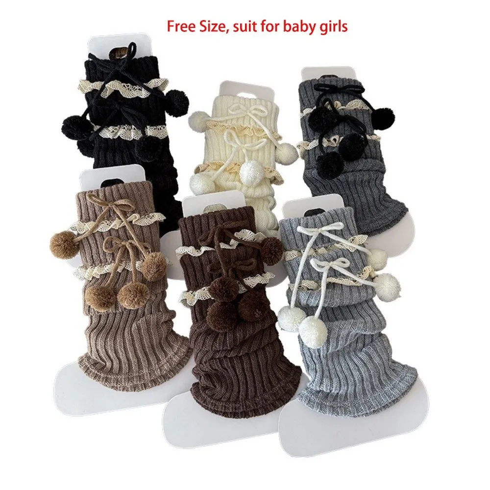 New Solid Color Leg Warmers Thickened Knitted Middle Tube Socks Bow Pompom Lolita Boot Covers Gift