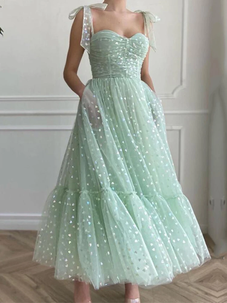 Sweetheart Mint Green Tulle Tea Length Wedding Party Gown Short Graduation Robes de cocktail Shiny Fairy Prom Dresses evening wear dresses Evening Dresses