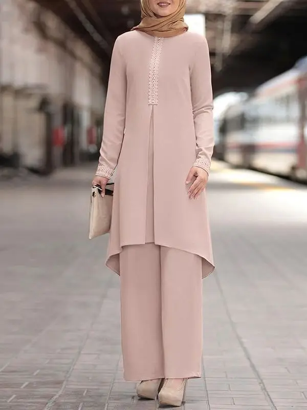 Muslim Fashion Women's Wear Spring and Autumn New Solid Color Long Sleeve Lace Placket round Neck Top and Trousers Suit