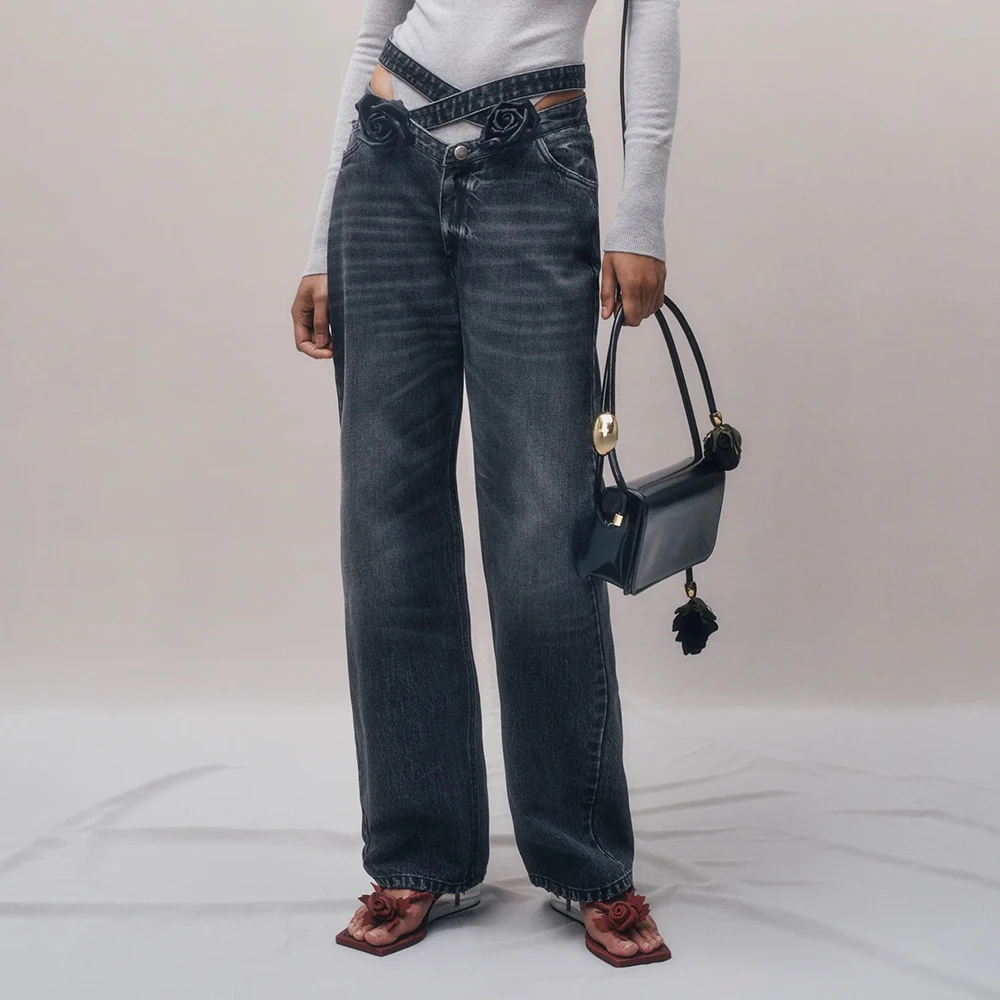 

Y2K Three-Dimensional Flower Decoration Jeans for Women, Cross Hollow, Sexy Waistless Fashion, Straight Pants, Spring, New, 2024
