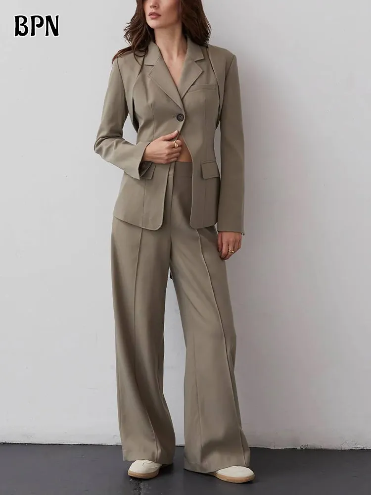 BPN Fashion Three Piece Sets For Women Notched Collar Long Sleeve Spliced Button Blazer High Waist Pants Casual Set Female Style