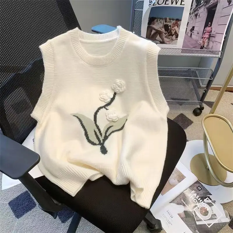 

Женский трикотажный жилет с цветочным рисунком, короткий топ без рукавов с круглым вырезом, R617