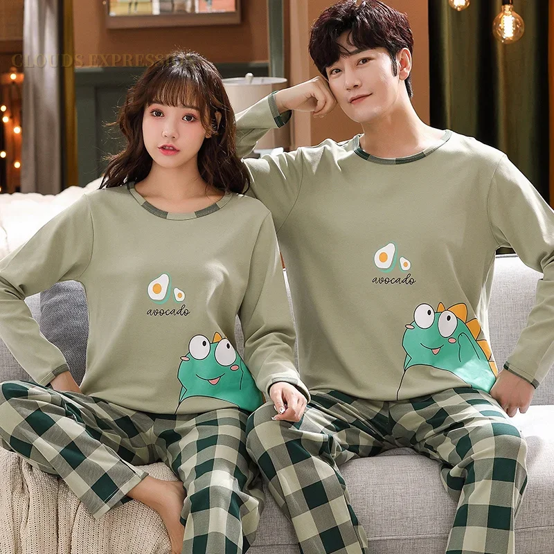 Pajama Sets Spring Autumn Knitted Cotton Cartoon Men's Plaid Casual Male Sleepwear 4XL Homewear